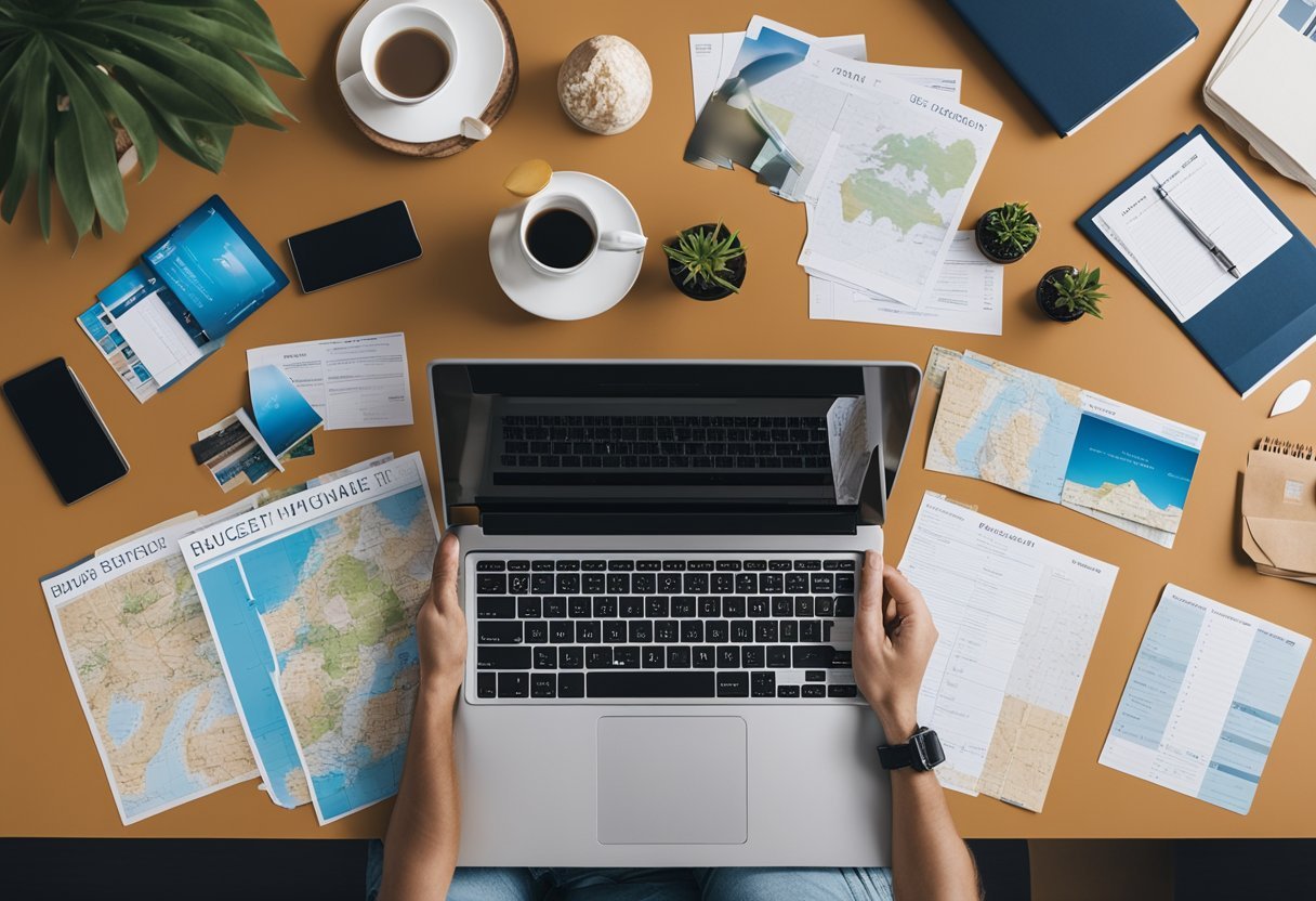 A person sitting at a desk with a laptop, calculator, and budget planner, surrounded by travel brochures and maps