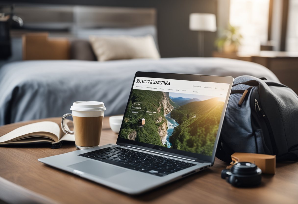 A cozy, budget-friendly accommodation with a map, travel guide, and backpack on a bed. A laptop and a cup of coffee sit on a nearby table