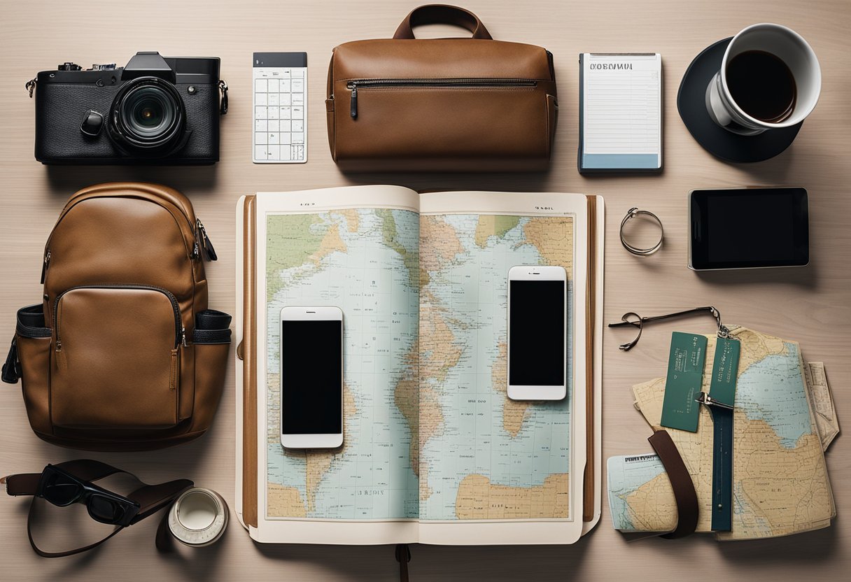 A map, guidebook, and budget spreadsheet lay on a table. A backpack is packed with essentials. A person researches online for budget-friendly activities