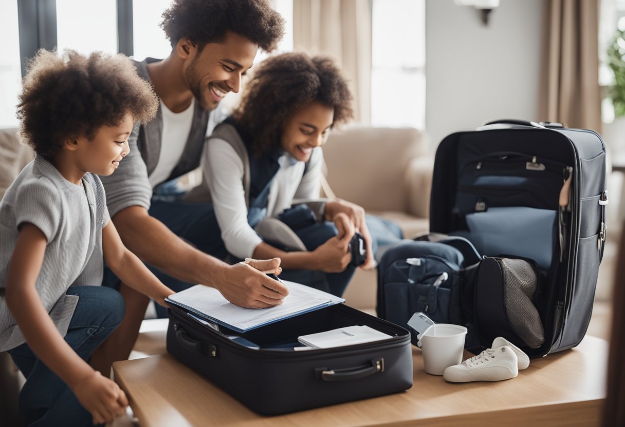 A family packing suitcases and stroller, making a checklist, and researching child-friendly activities for their upcoming trip