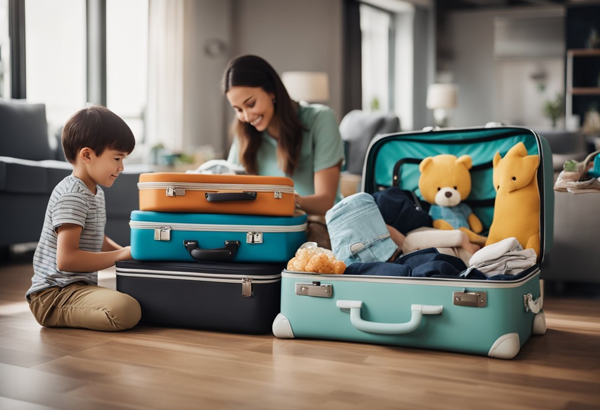 A family packing suitcases with children's items for a trip, including toys, clothes, and snacks
