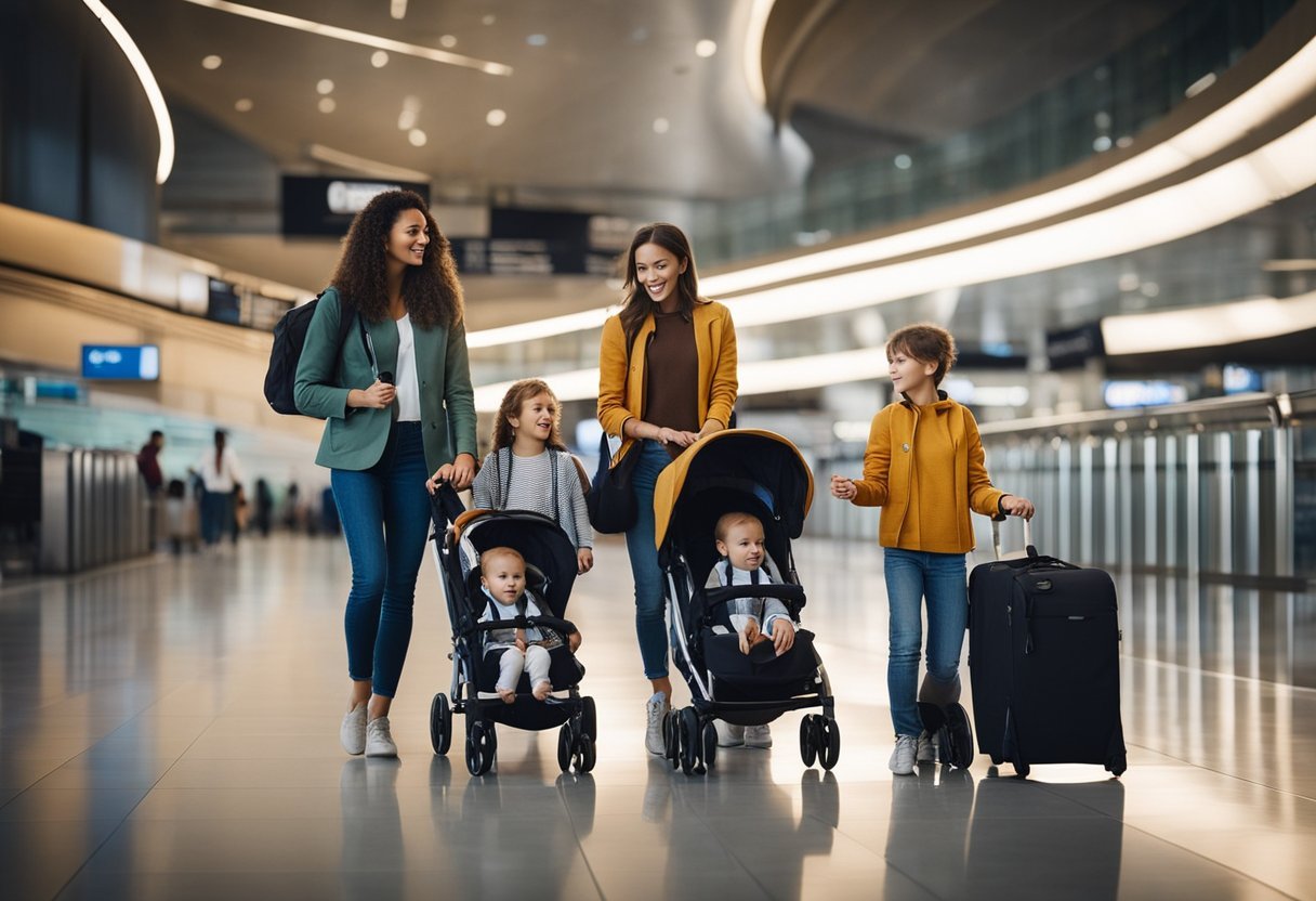 A family travels with children, packing toys and snacks. They navigate airports and hotels with strollers and car seats