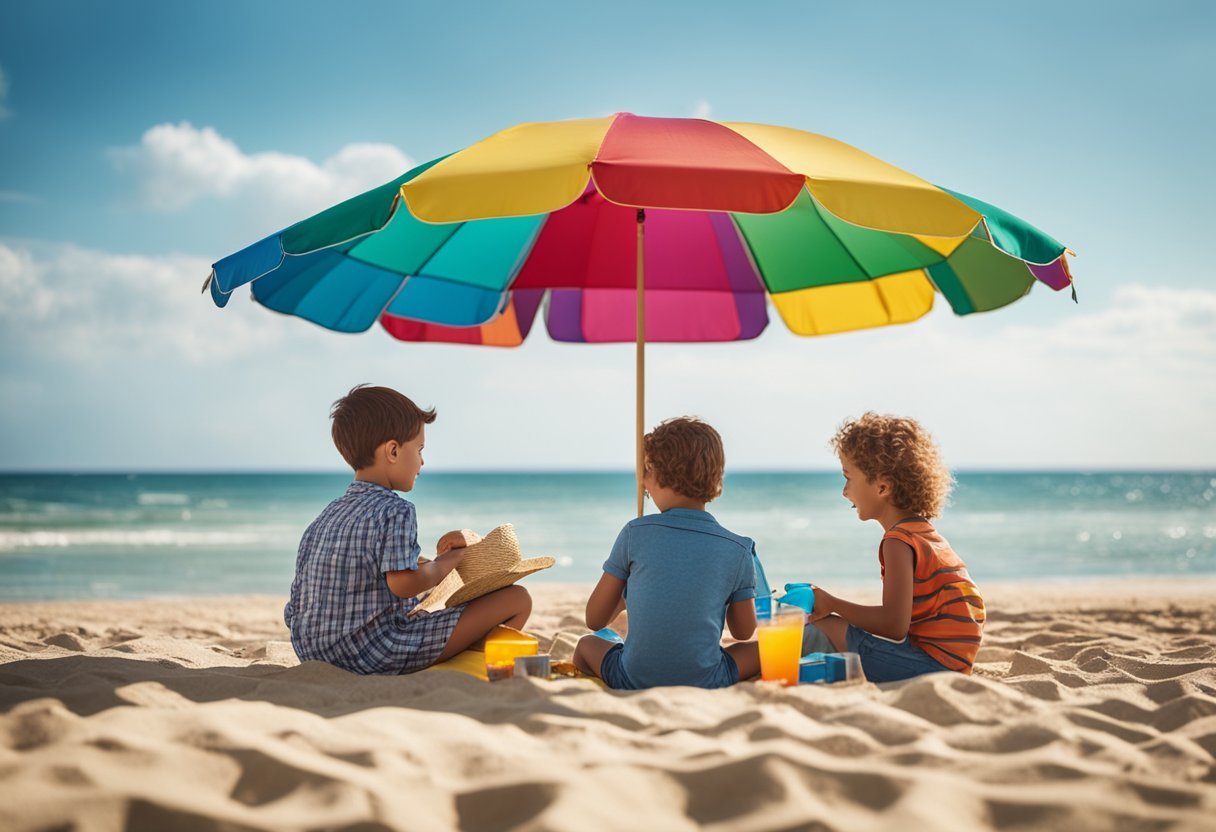 Children playing on a sandy beach, while parents relax nearby. A family sets up a picnic under a colorful umbrella