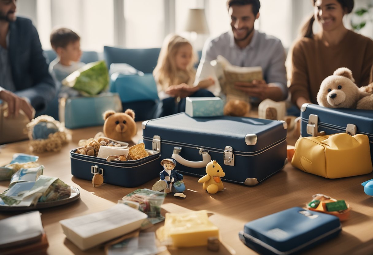 A family packing suitcases with toys and snacks, while a map and guidebook lay on the table
