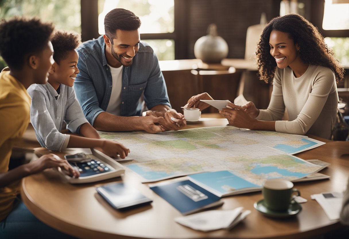 A family sitting around a table, planning and budgeting for their vacation. Maps and travel brochures are spread out in front of them as they discuss their ideal destinations