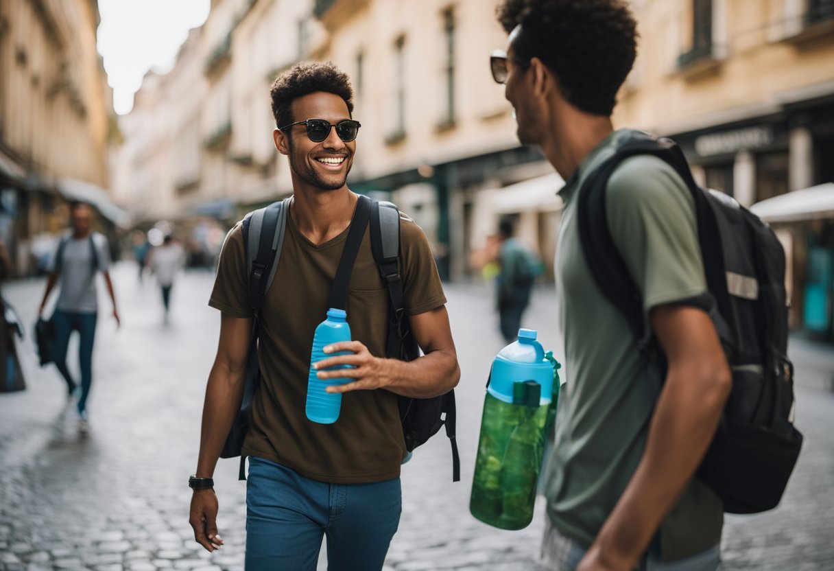A traveler carrying a reusable water bottle and a map, while picking up litter and smiling at locals