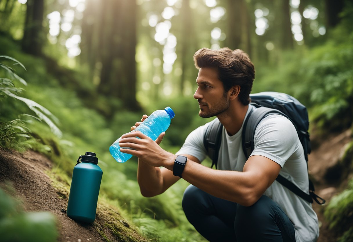 A traveler using a reusable water bottle and picking up litter on a hiking trail, surrounded by lush greenery and wildlife