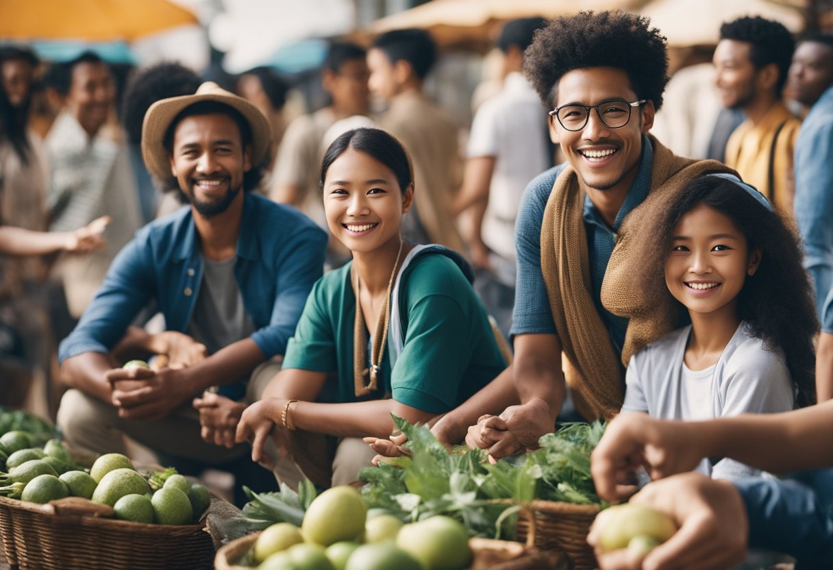A diverse group of people from different cultures and backgrounds, engaging in respectful and responsible tourism activities