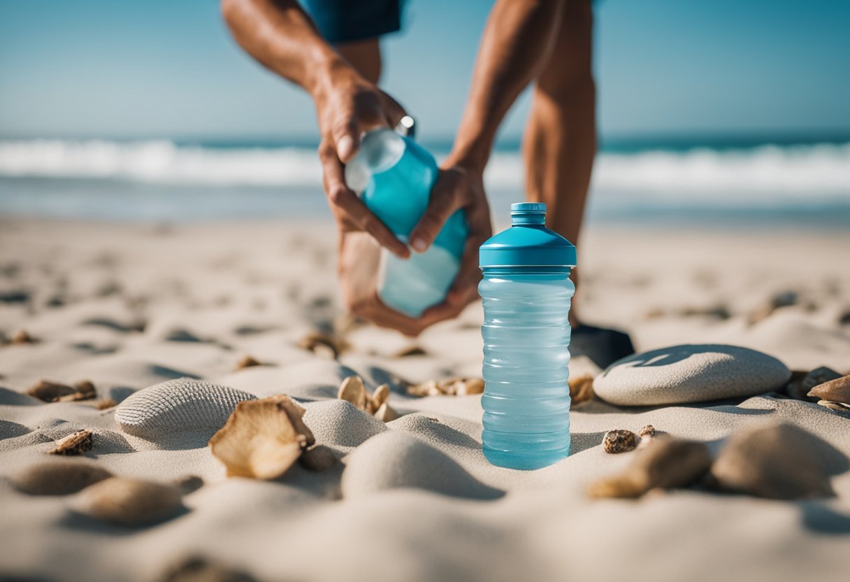 A traveler picking up litter on a pristine beach, while using a reusable water bottle and taking photos of the natural beauty