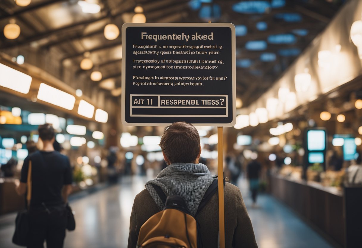 A traveler reading a "Frequently Asked Questions" sign with a responsible tourism message