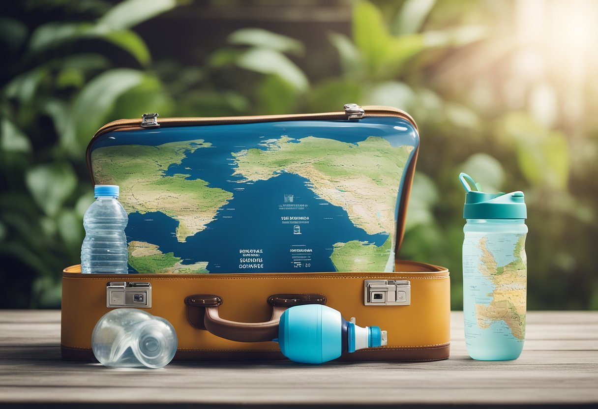 A suitcase packed with reusable items, a map with highlighted eco-friendly destinations, and a reusable water bottle and tote bag