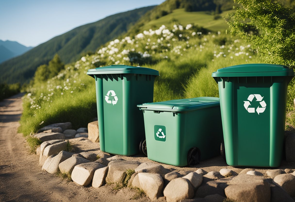 A sustainable travel scene: eco-friendly accommodations, recycling bins, energy-saving tips, and nature-friendly activities