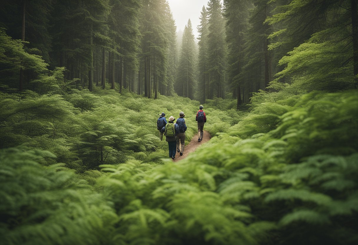 A serene forest with a winding trail, birdwatchers with binoculars, and a guide pointing out local flora