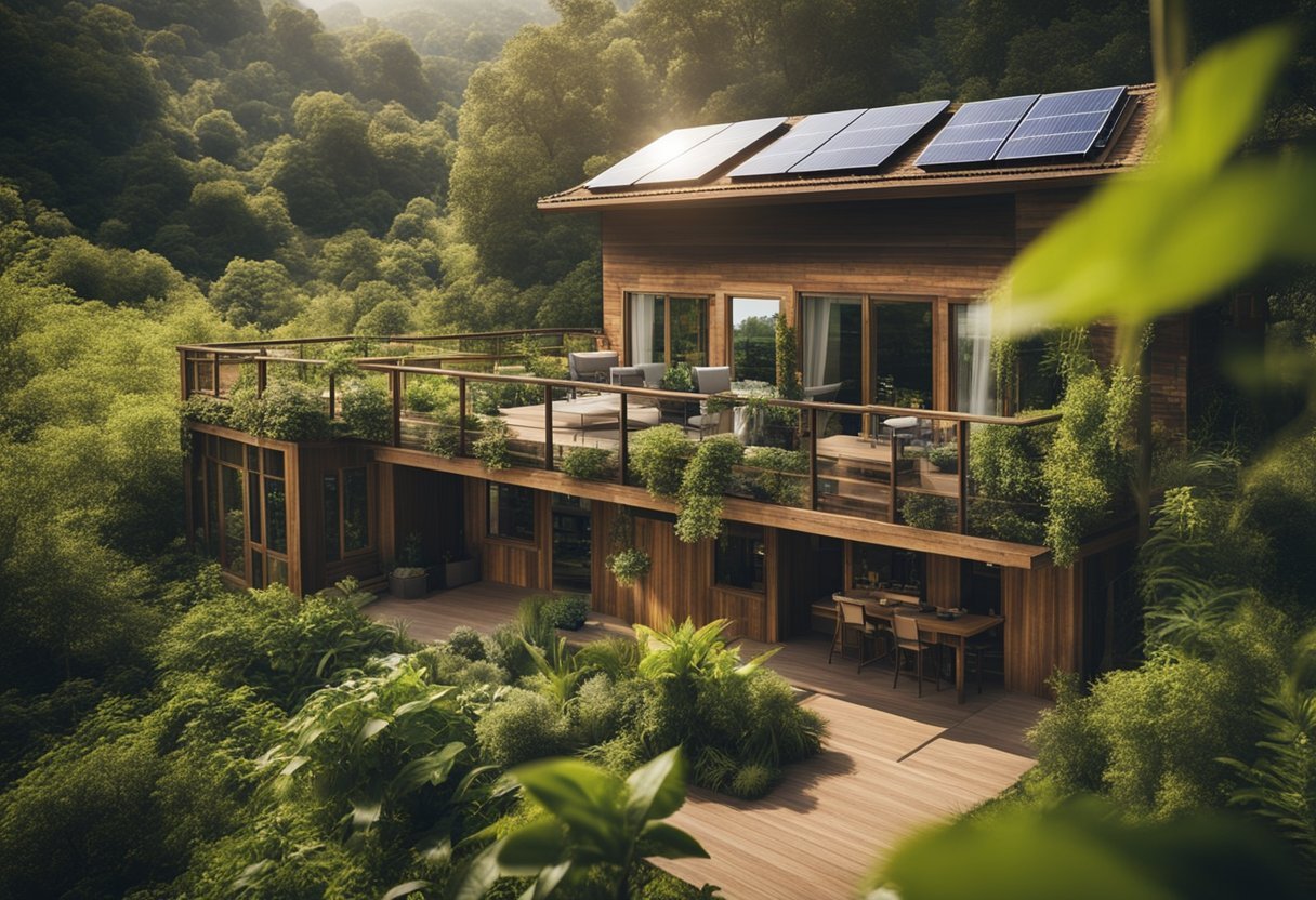 A serene landscape with a rustic eco-friendly accommodation nestled among lush greenery and solar panels, showcasing sustainable living