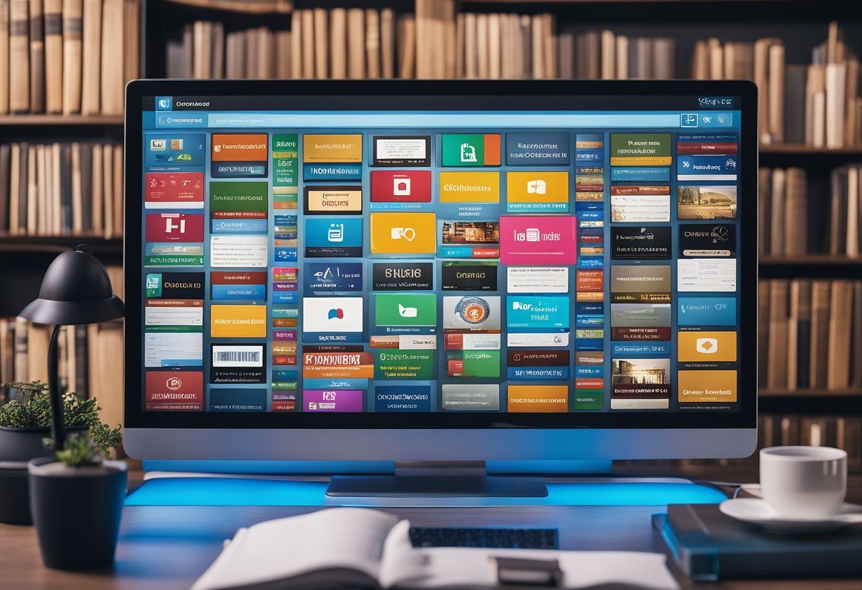 A computer with a colorful language learning website open on the screen, surrounded by books and language dictionaries