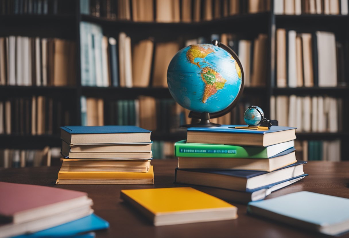 A stack of language learning books surrounded by colorful flashcards and a globe. A person listening to language tapes with a notebook and pen