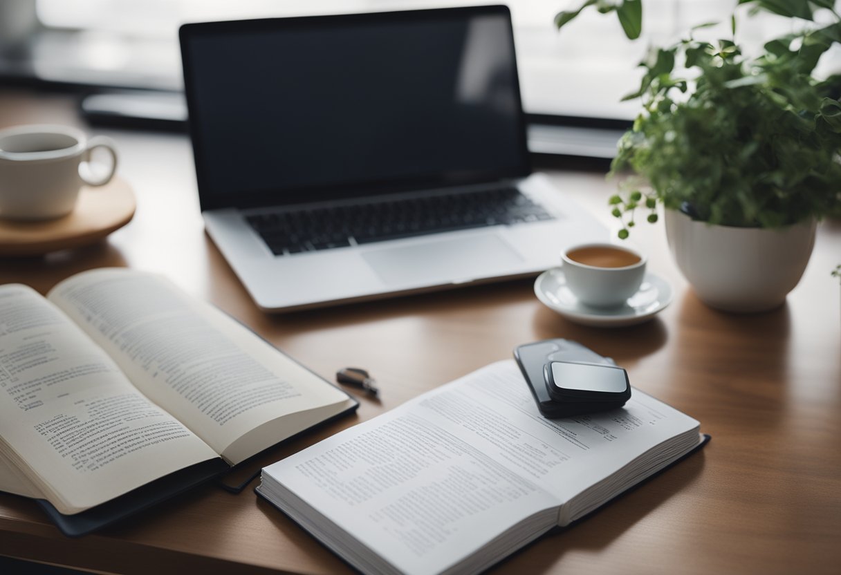 A desk with language textbooks, flashcards, and a notebook. A laptop open to language learning websites. A cozy study space with a cup of tea