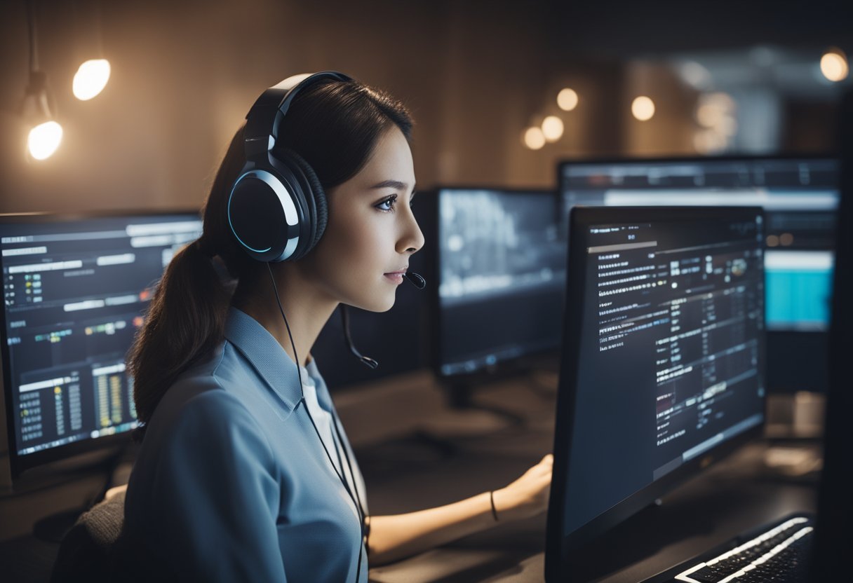 A person using a computer and headphones to learn a new language with various technological resources displayed on the screen