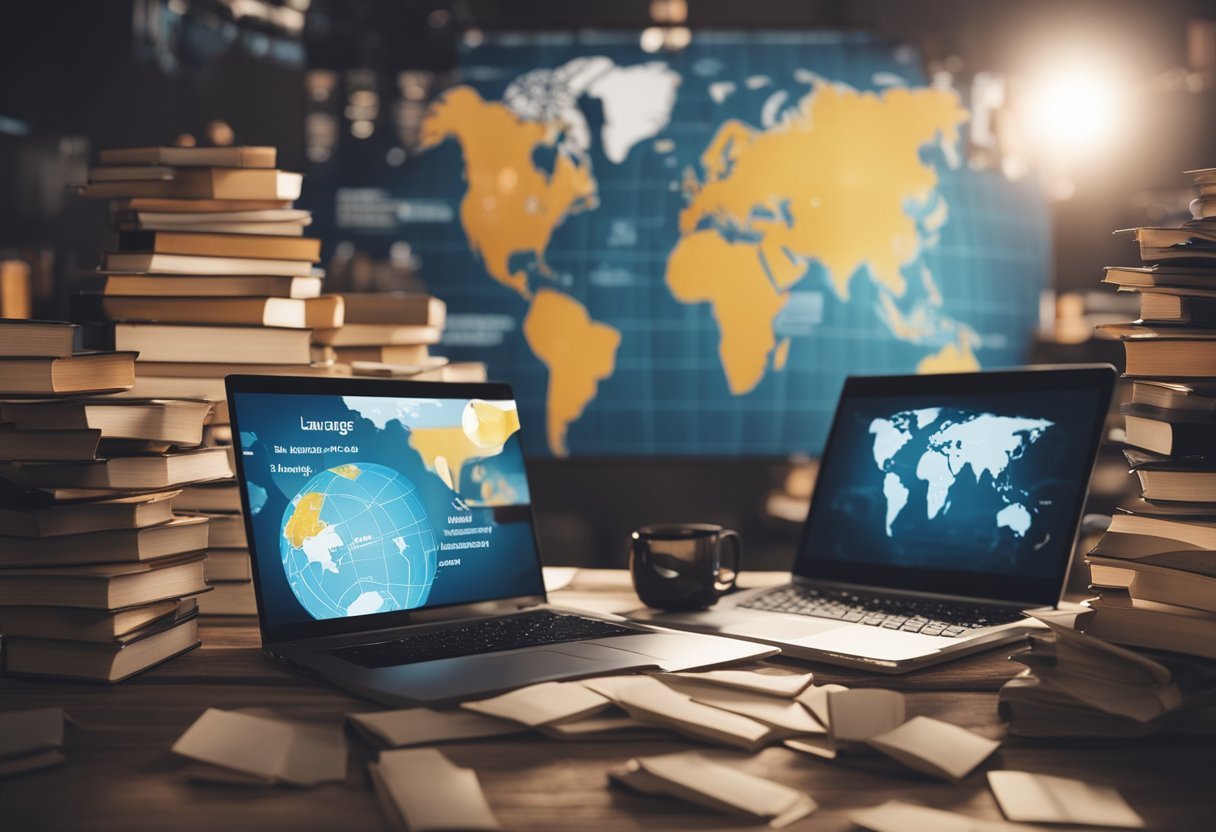 A person surrounded by books and language learning materials, with a world map on the wall, and a laptop open to language learning websites