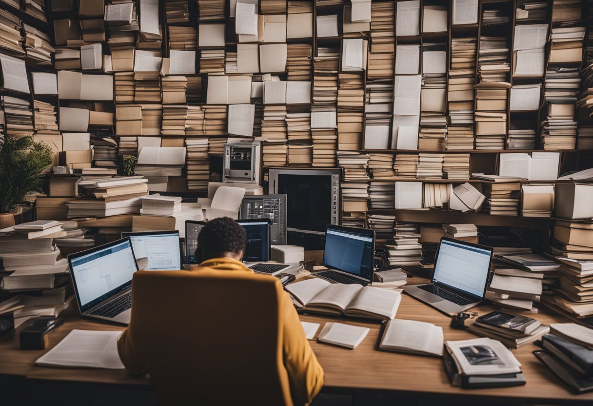 A person surrounded by various sources of information, such as books, computers, and charts, while actively engaging with and absorbing the content to stay updated in their field