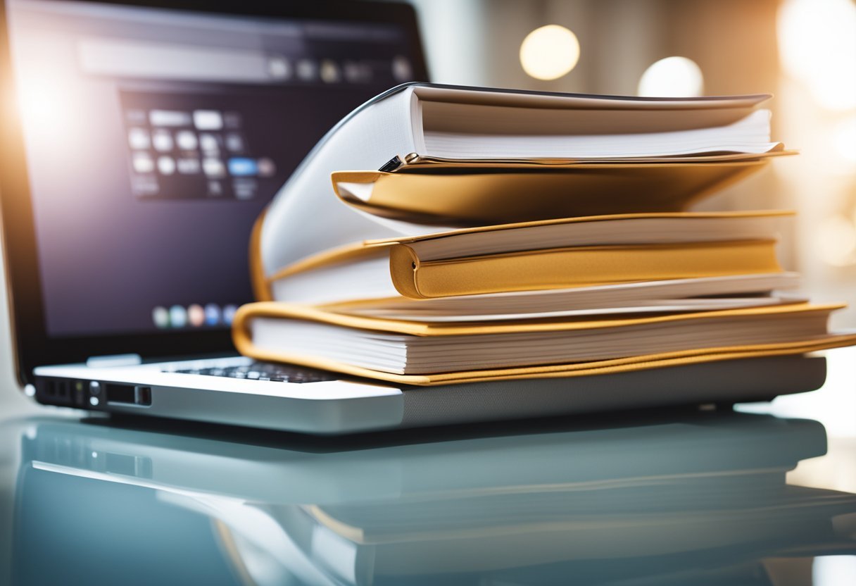 A stack of industry journals and a laptop open to a professional development website