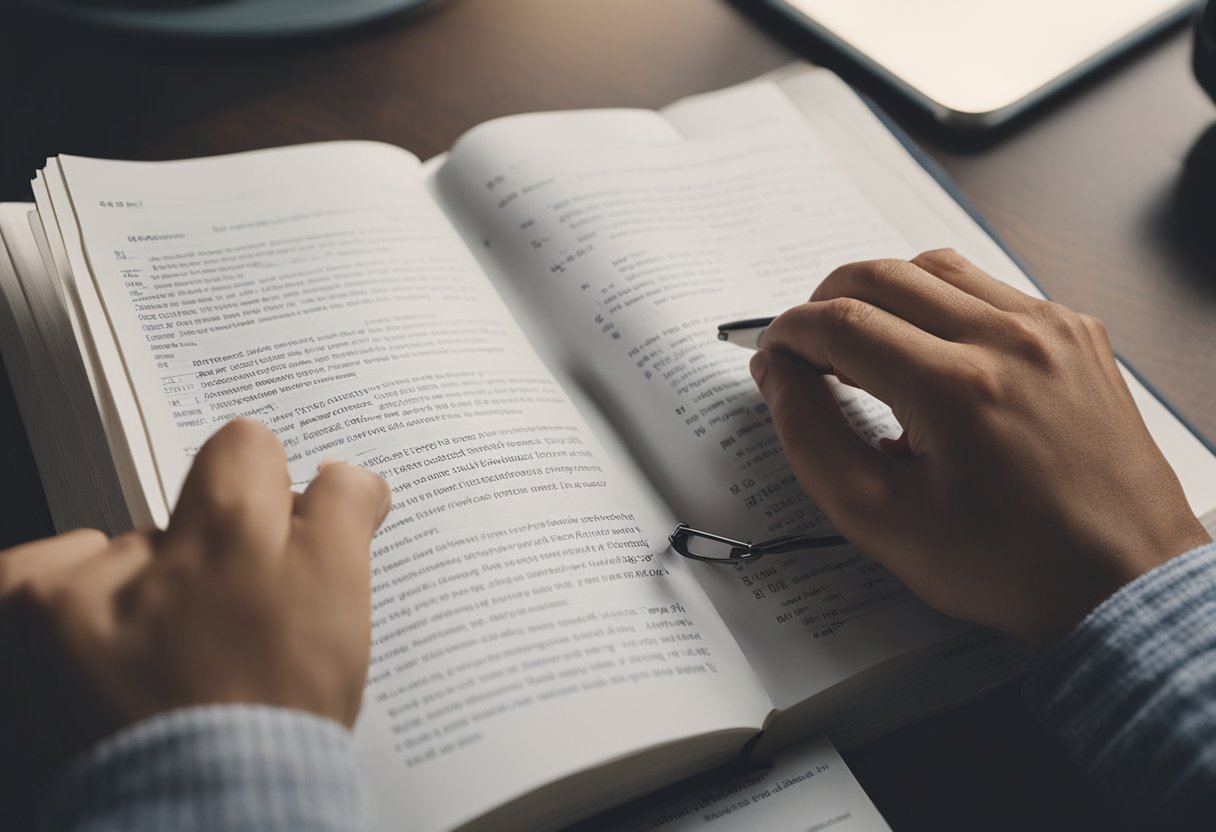 A person reading and taking notes from various sources, such as books, websites, and journals, to stay updated in their field