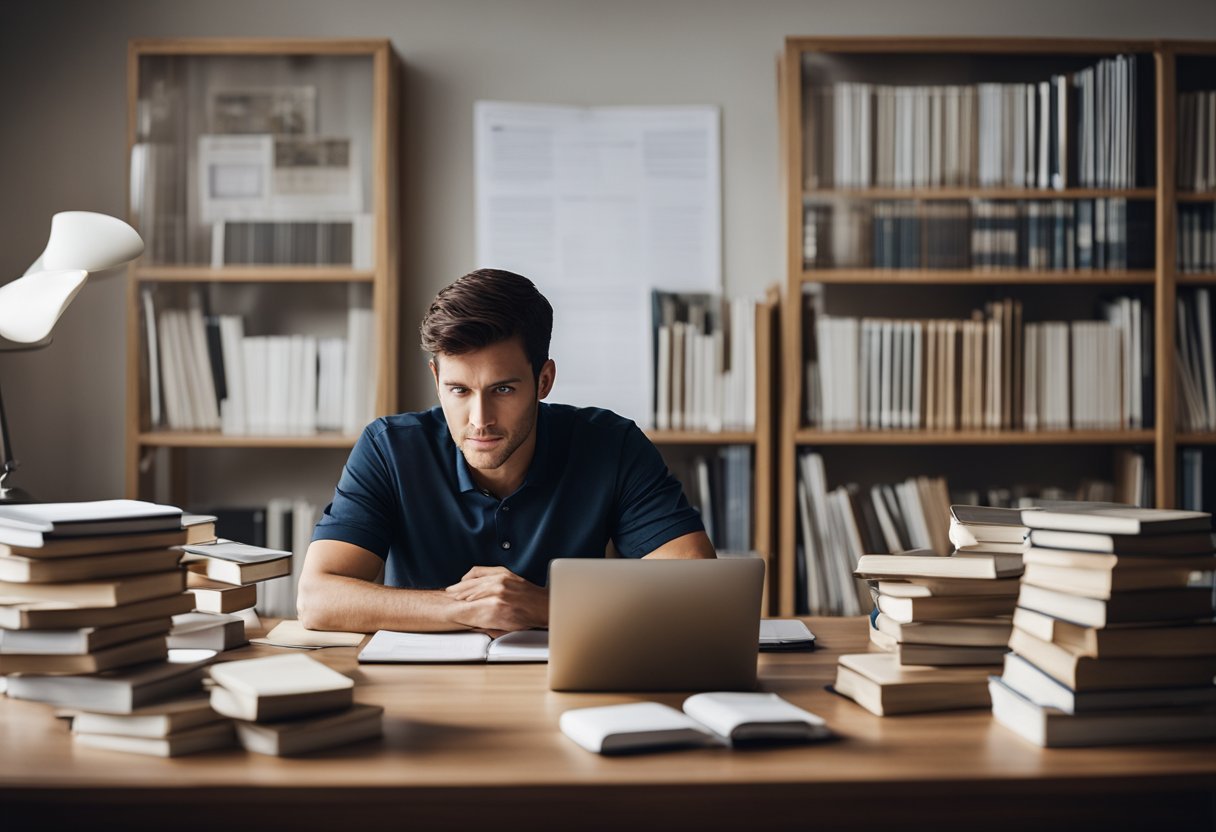 A person sitting at a desk, surrounded by books and a laptop, with a thoughtful expression on their face as they engage in self-assessment and seek feedback to stay updated in their field