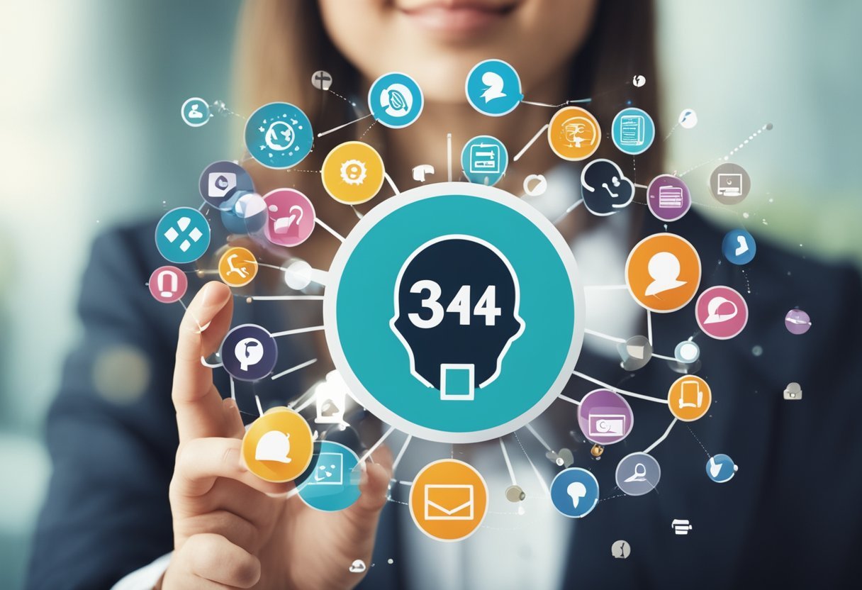 A person holding a speech bubble, surrounded by various communication icons and symbols