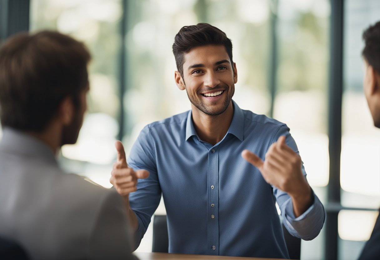 A person speaking confidently to a group, using hand gestures and engaging body language to convey effective communication skills