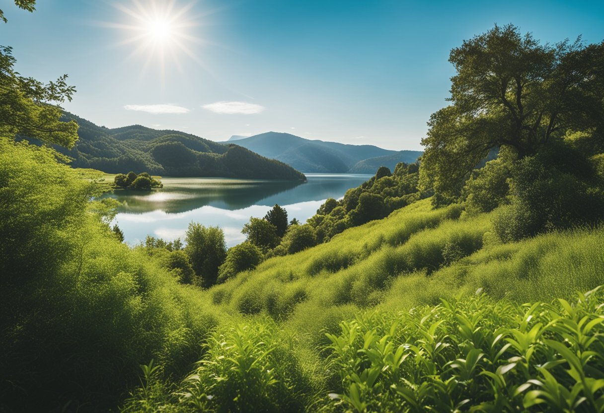 A serene landscape with a clear blue sky, a calm body of water, and vibrant greenery, evoking a sense of peace and tranquility