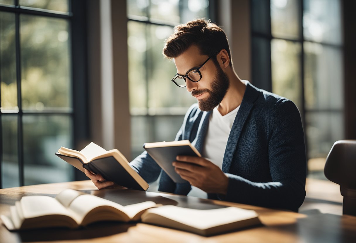 A person reading a book on emotional intelligence, surrounded by calming colors and natural light