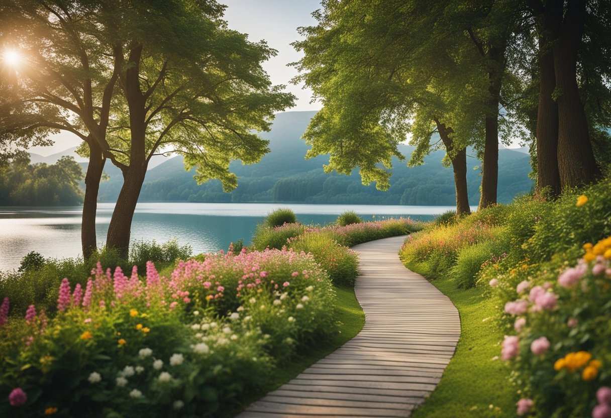 A serene landscape with a winding path leading to a calm lake, surrounded by lush greenery and colorful flowers, evoking a sense of tranquility and emotional balance