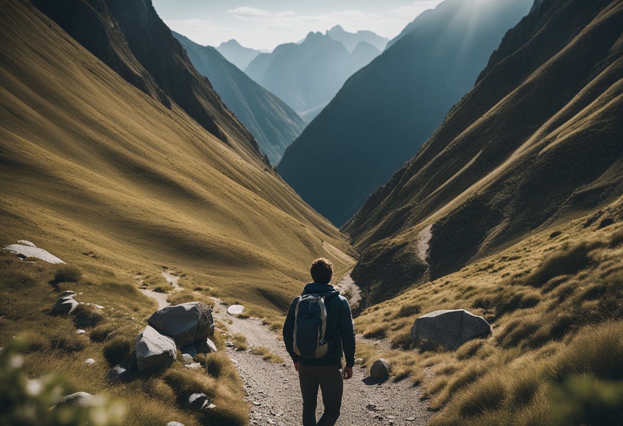 A person standing at the base of a mountain, looking up at the steep and rocky path ahead, with a determined expression on their face
