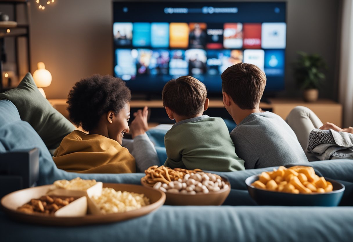 A family sitting together on a comfortable couch, surrounded by blankets and snacks, with a large TV screen showing a selection of recommended films and series