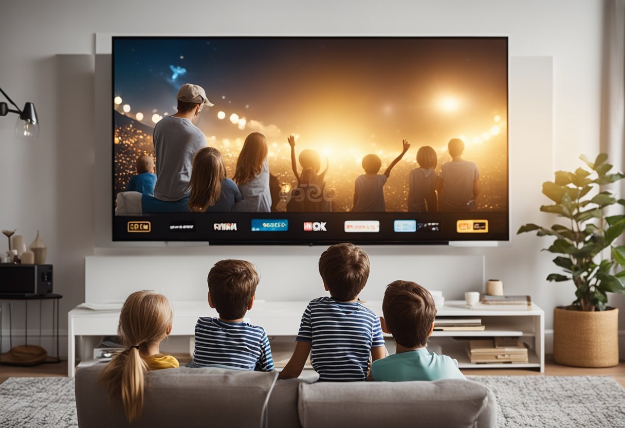 A cozy living room with a big screen TV, surrounded by a family of all ages, enjoying a classic movie or TV show together
