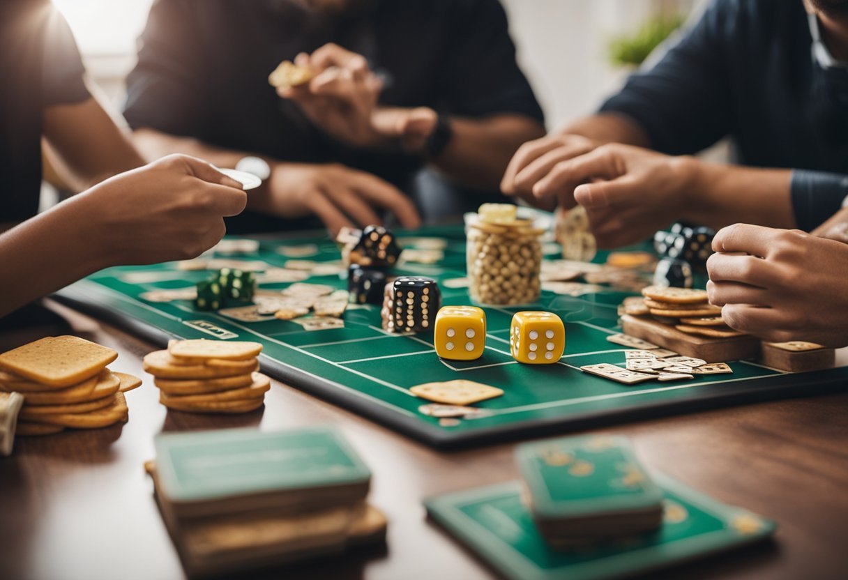A table set with board games, cards, and dice. Snacks and drinks nearby. Friends laughing and enjoying the games