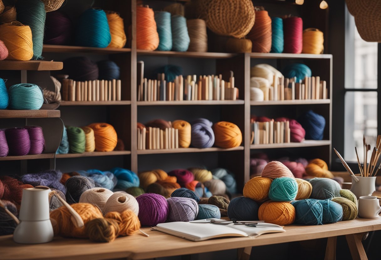 A cozy craft room with shelves of colorful yarn, baskets of knitting needles, and a table scattered with paint brushes and sketchbooks