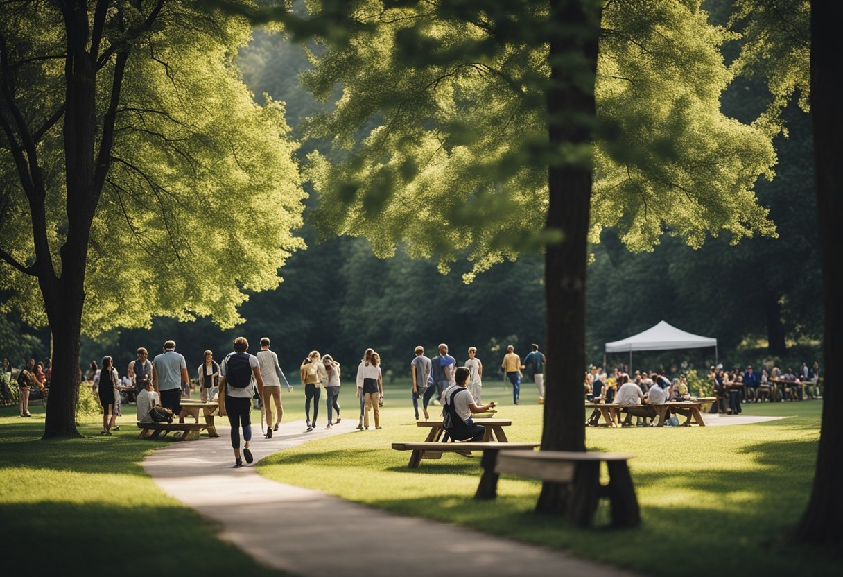 People enjoying outdoor activities, like hiking, picnicking, and playing sports in a park