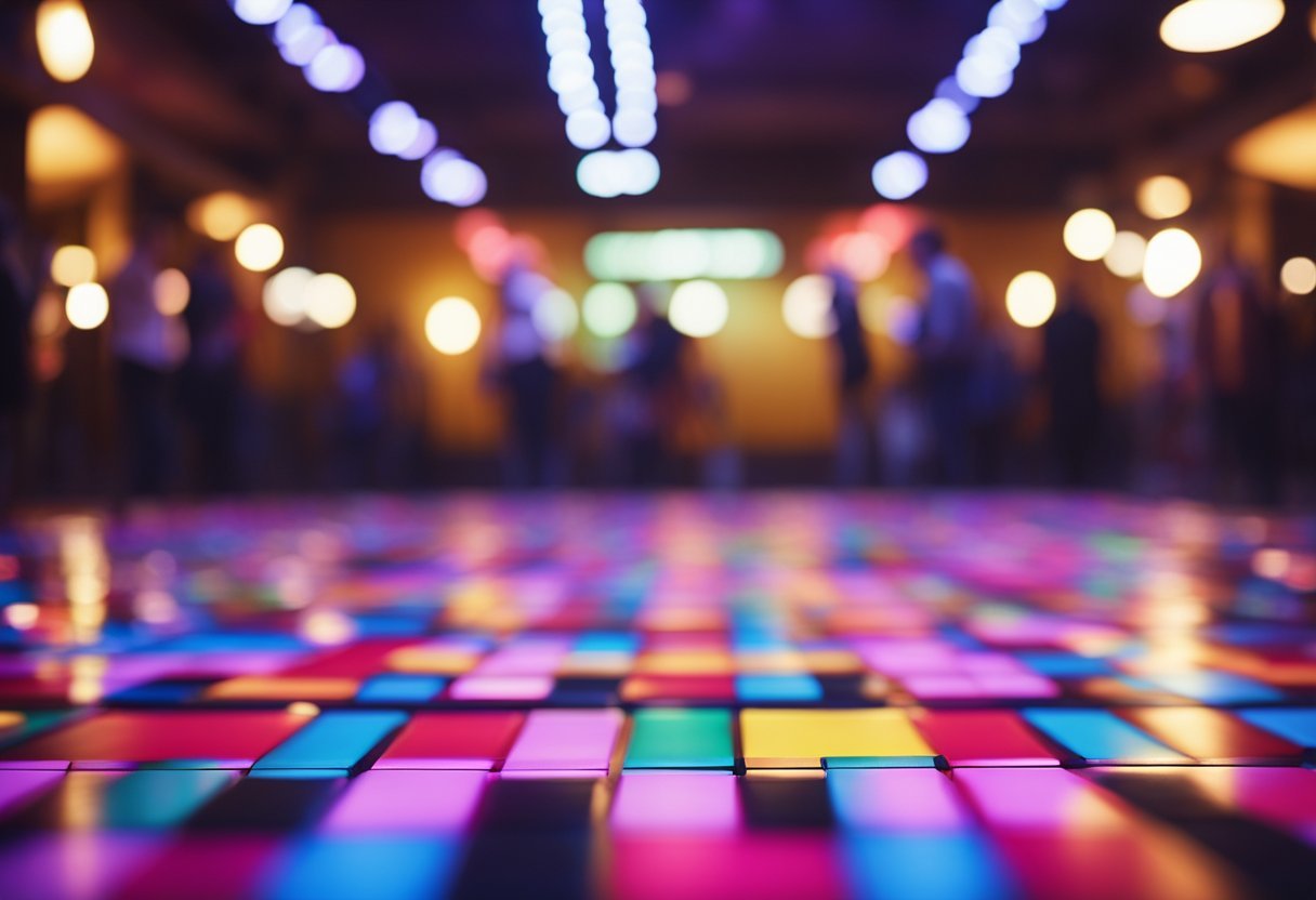 A colorful dance floor with musical instruments scattered around, inviting people to relax and have fun through music and dance
