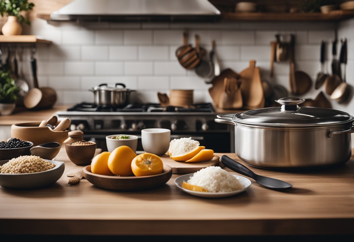 A cozy kitchen with a variety of cooking utensils and ingredients laid out on the counter, with a warm and inviting atmosphere