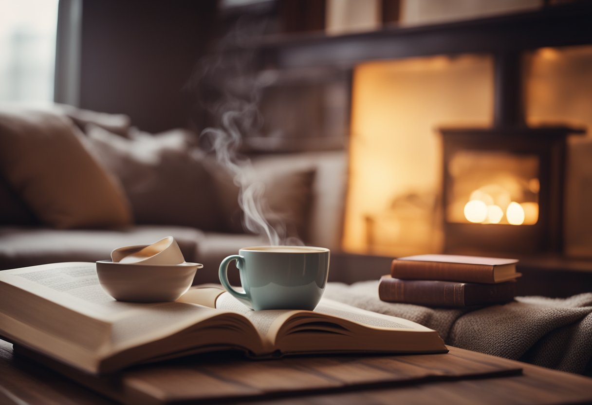 A cozy reading nook with a stack of books, a warm blanket, and a steaming cup of tea, surrounded by soft lighting and comfortable seating