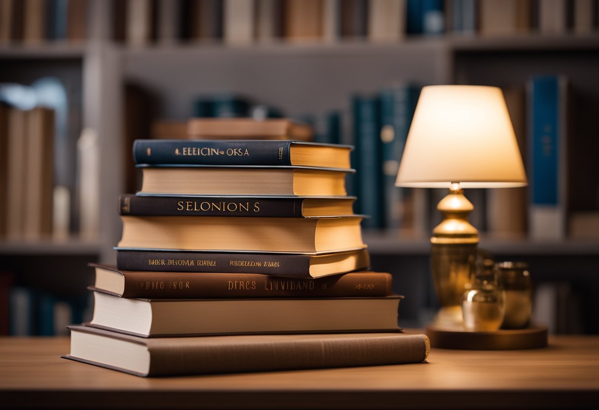 A stack of books with a "Selecionando os Livros Dicas para começar a ler mais livros" title on top, surrounded by a cozy reading nook with a comfortable chair and a warm lamp