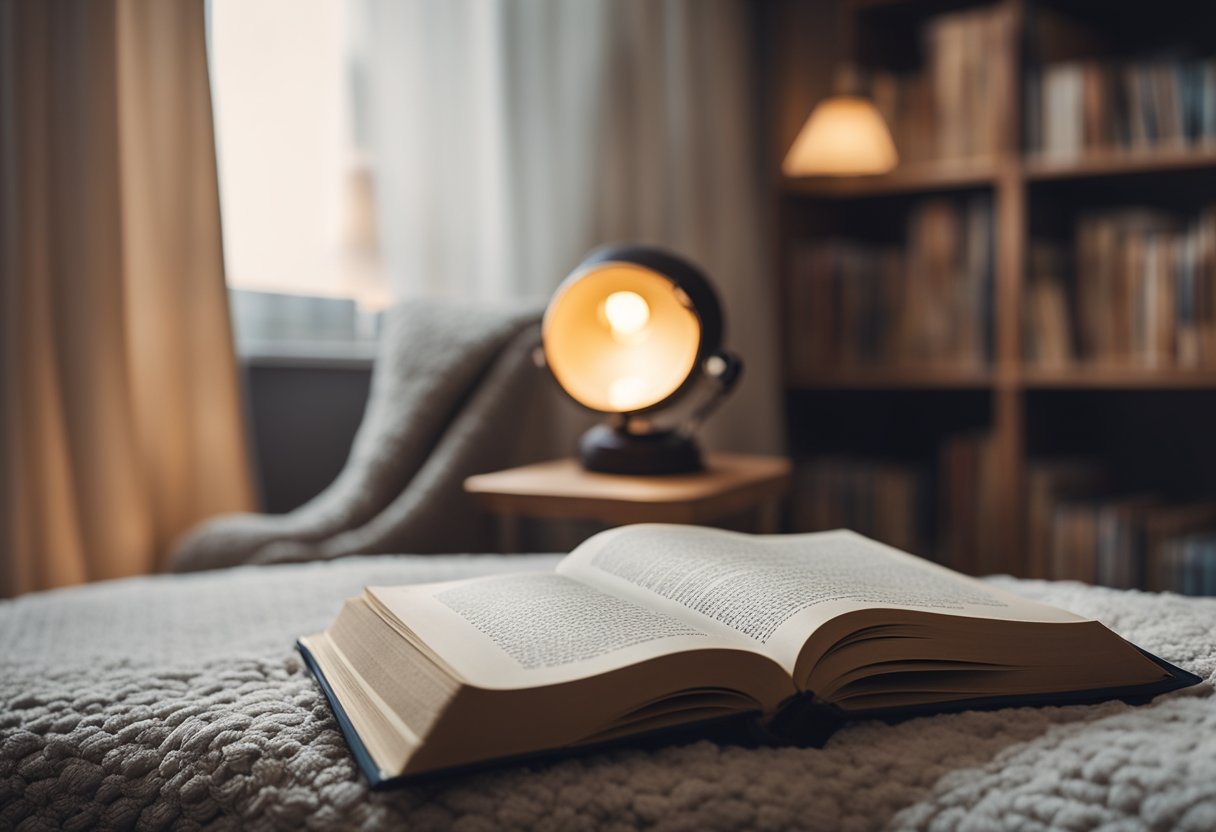 A cozy reading nook with a comfortable chair, a warm blanket, and a stack of books waiting to be explored. A soft lamp provides gentle light, creating a peaceful and inviting atmosphere for diving into a good book