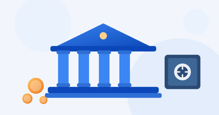 Ilustração de fachada de banco com colunas e cofre