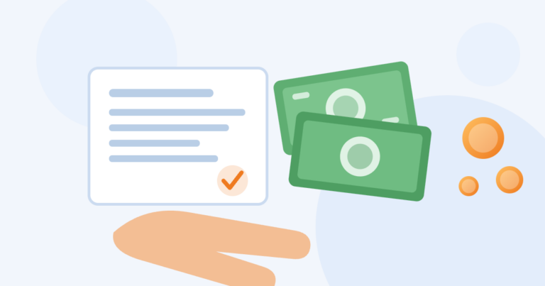 Ilustração de contrato, cédulas e mão representando contratação de empréstimo