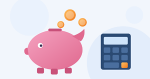 Ilustração de cofrinho, moedas e calculadora representando organização financeira