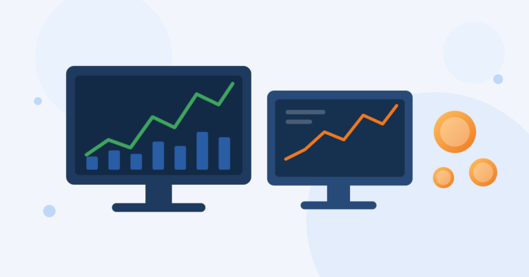 Ilustração de monitores com gráficos de operações representando o trader